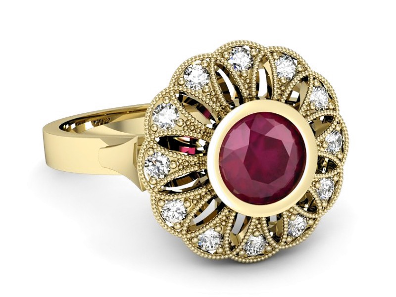 Pierścionek z rubinem i brylantami żółte złoto - p16253zr — zdjęcie 2