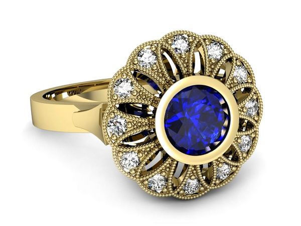 Złoty pierścionek z szafirem i diamentami - p16253zszc
