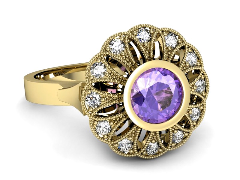 Pierścionek z tanzanitem i brylantami żółte złoto - p16253zt — zdjęcie 2