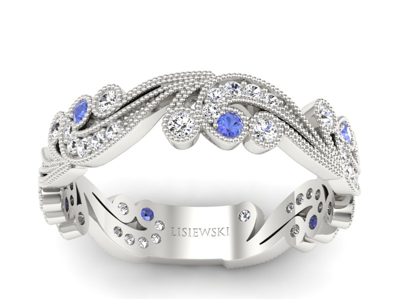 Obrączka z tanzanitami i brylantami białe złoto - p16271bt