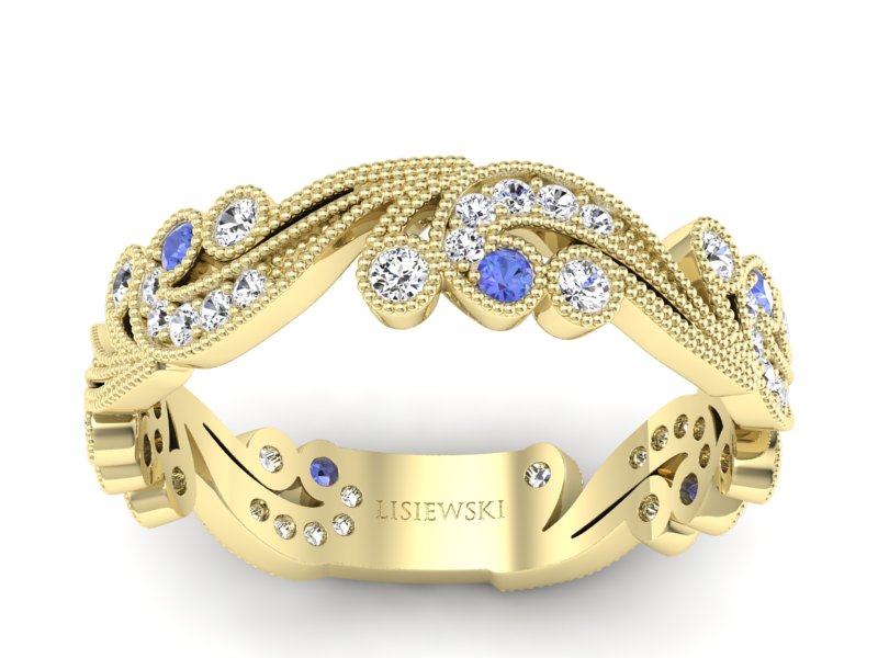 Obrączka z tanzanitami i brylantami żółte złoto - p16271zt