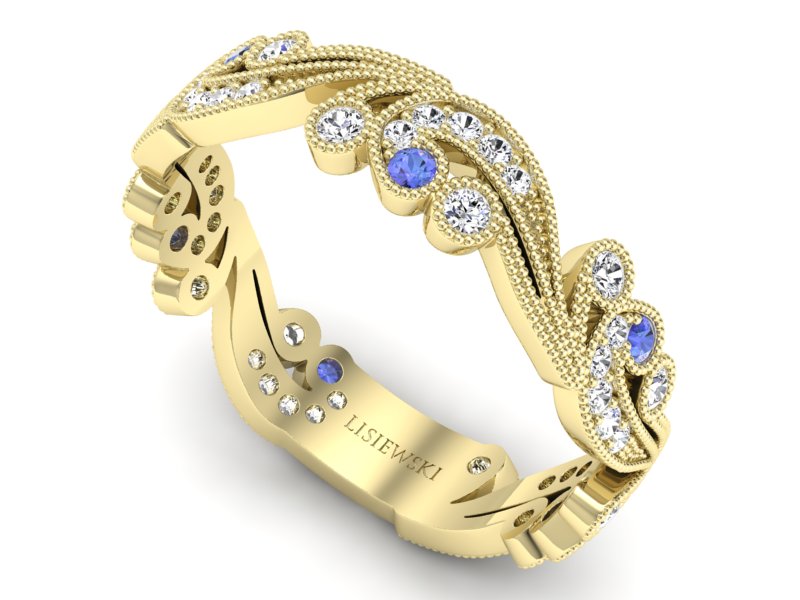 Obrączka z tanzanitami i brylantami żółte złoto - p16271zt — zdjęcie 3