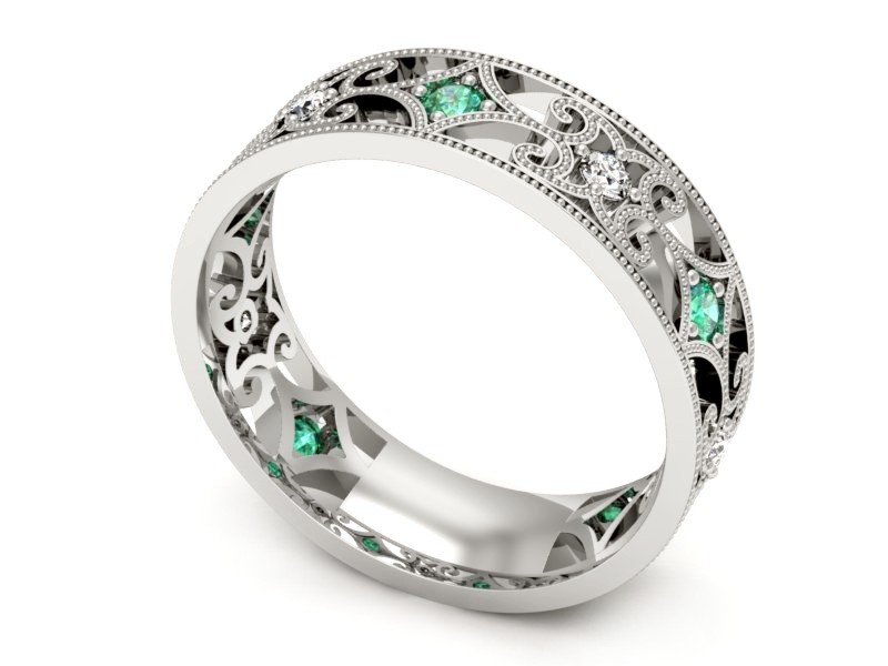 Obrączka białe złoto ze szmaragdem i brylantami - p16273bsm — zdjęcie 3