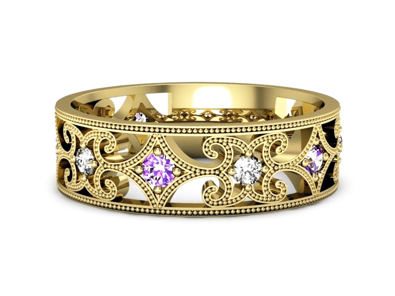 Obrączka żółte złoto z ametystami i brylantami - p16273zat — zdjęcie 2