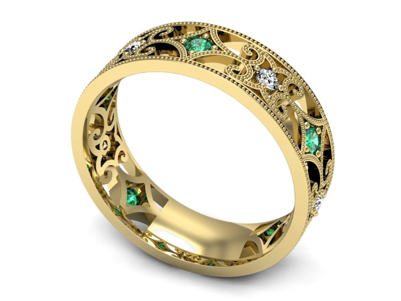 Obrączka ze szmaragdem i brylantami żółte złoto - p16273zsm — zdjęcie 3