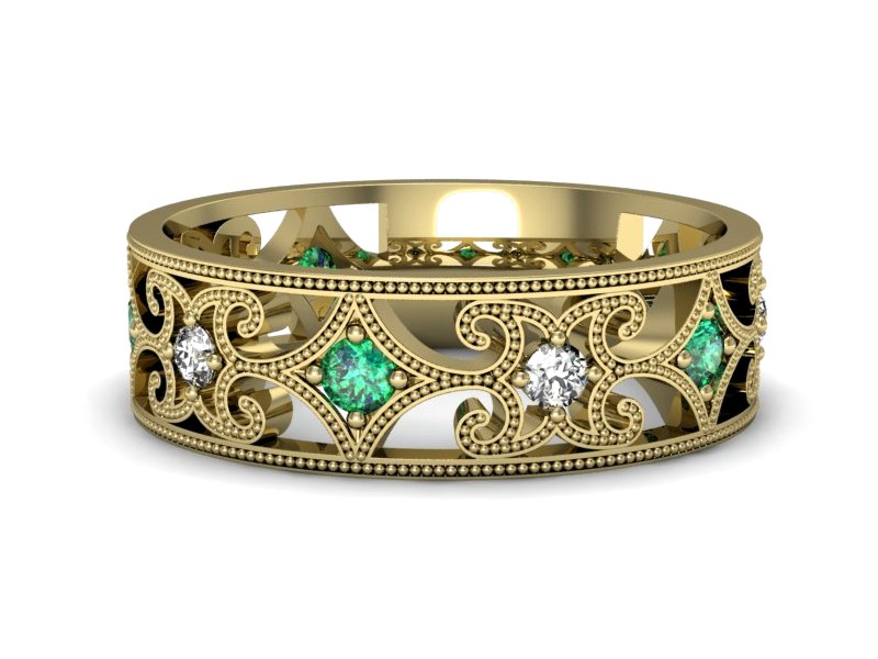 Obrączka ze szmaragdem i brylantami żółte złoto - p16273zsm — zdjęcie 2