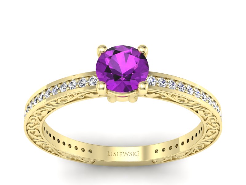 Pierścionek z ametystem i brylantami żółte złoto - p16279zat