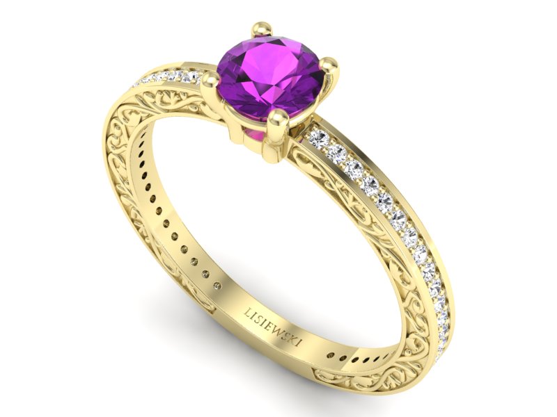 Pierścionek z ametystem i brylantami żółte złoto - p16279zat — zdjęcie 3