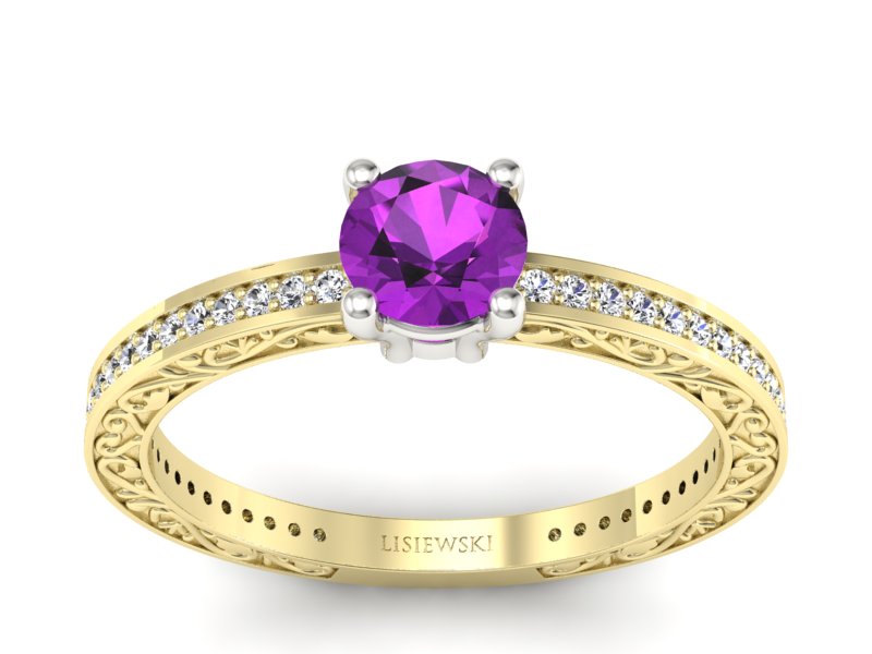 Złoty pierścionek z ametystem i brylantami - p16279zbat