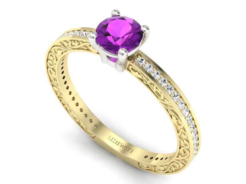 Złoty pierścionek z ametystem i brylantami - p16279zbat — zdjęcie 3