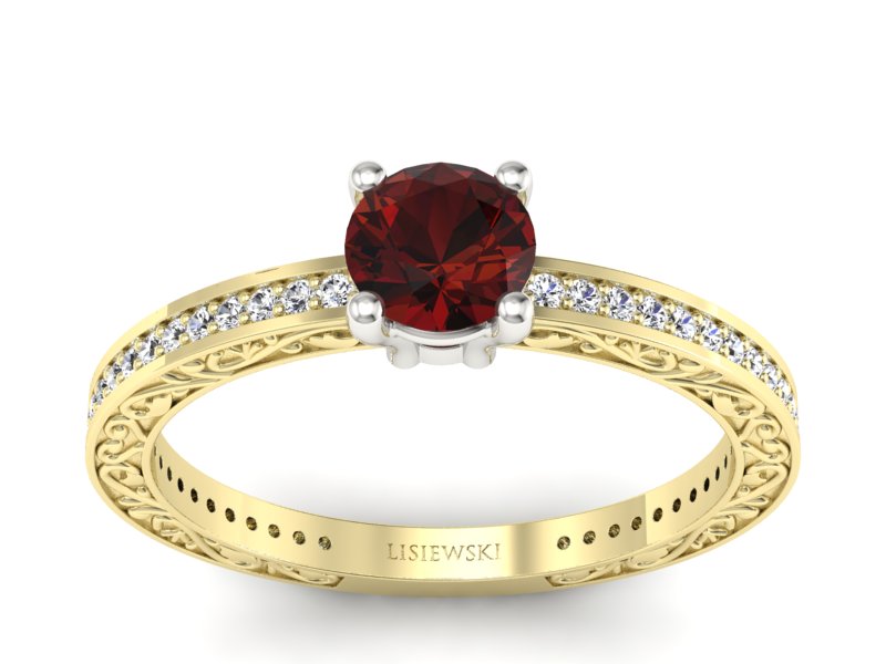 Złoty pierścionek z granatem i diamentami - p16279zbgr