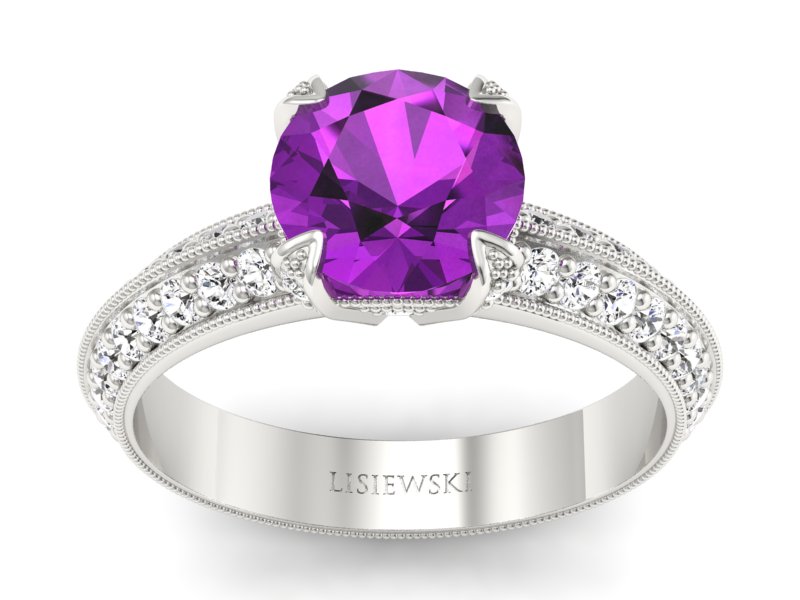Pierścionek z ametystem i brylantami białe złoto - p16288bat