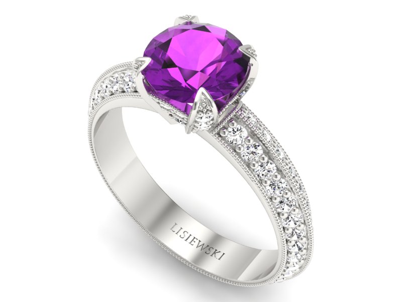 Pierścionek z ametystem i brylantami białe złoto - p16288bat — zdjęcie 3