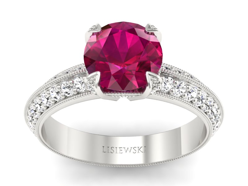 Pierścionek z rubinem i brylantami białe złoto - p16288br