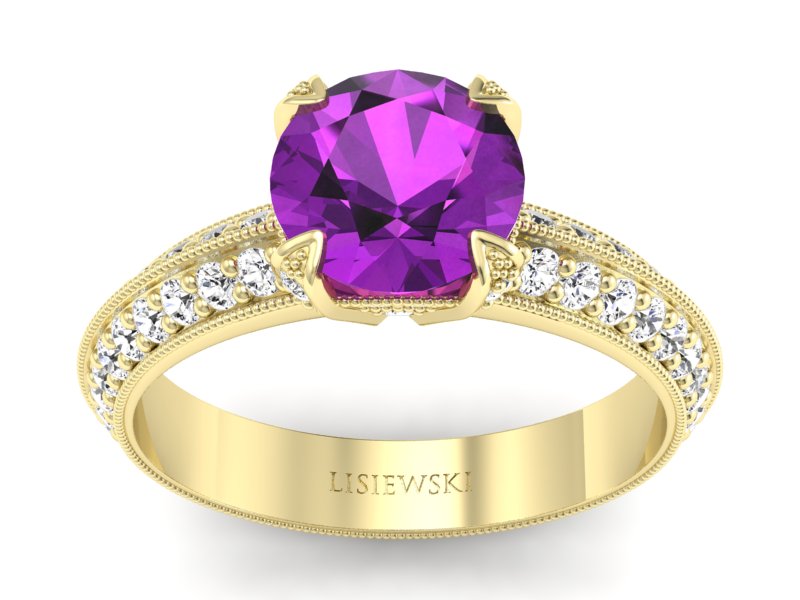 Pierścionek ametyst i brylanty żółte złoto - p16288zat