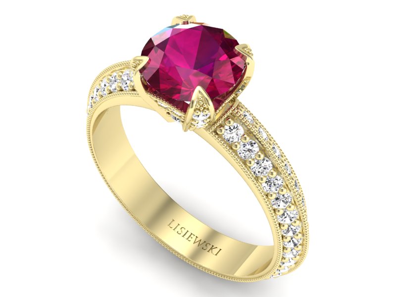 Pierścionek z rubinem i brylantami żółte złoto - p16288zr — zdjęcie 3