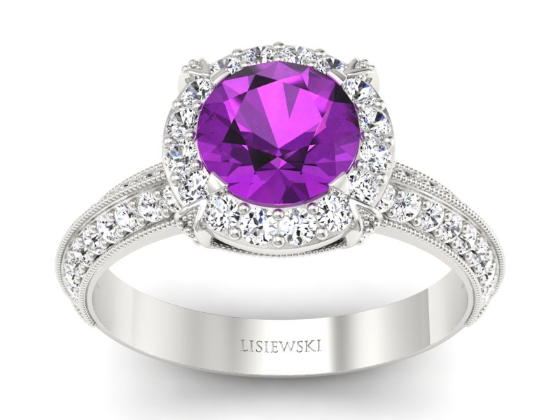 Złoty pierścionek z ametystem i brylantami - p16290bat