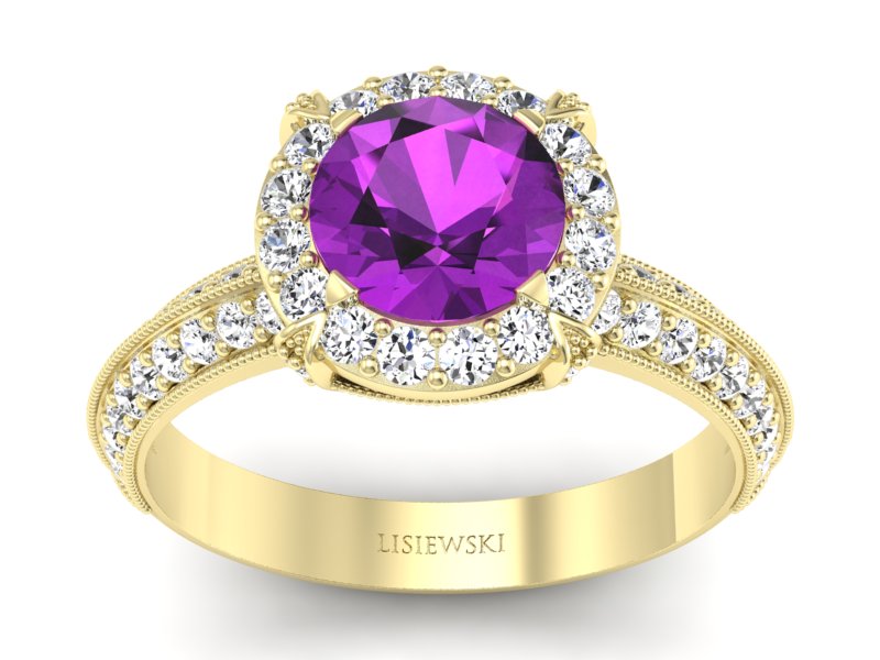 Pierścionek ametyst i brylanty żółte złoto - p16290zat