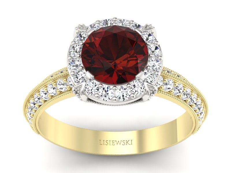 Złoty pierścionek z granatem i diamentami - p16290zbgr