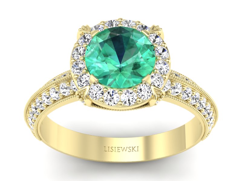 Złoty pierścionek ze szmaragdem i diamentami - p16290zsm