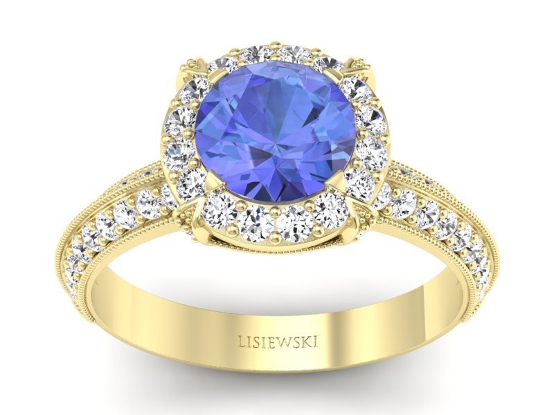 Pierścionek z tanzanitem i brylantami żółte złoto - p16290zt