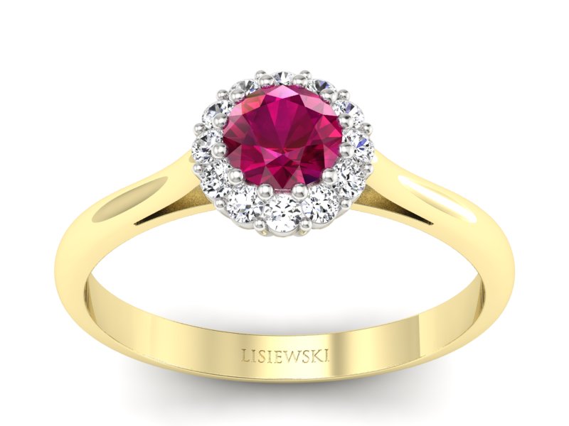 Złoty pierścionek z rubinem i diamentami - p16291zbr