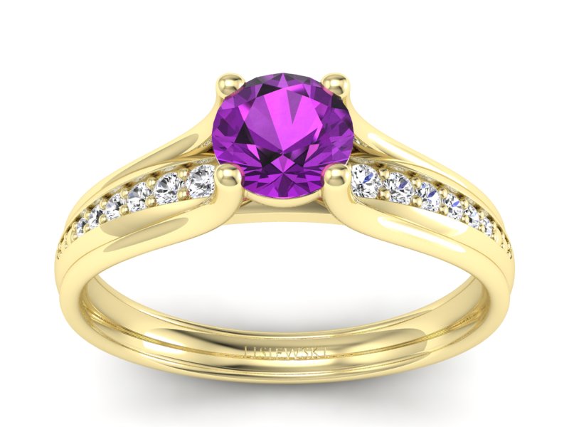 Pierścionek z ametystem i brylantami białe złoto - p16305zat