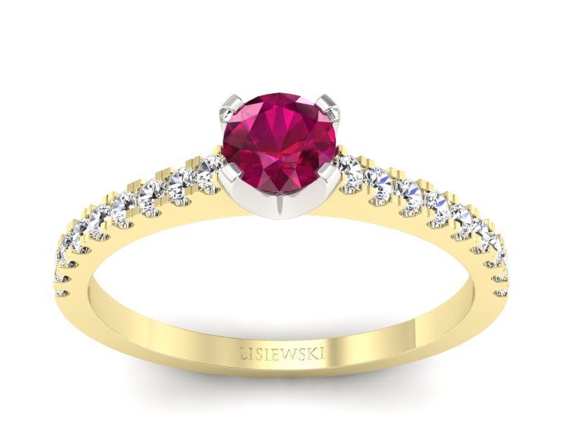 Złoty pierścionek z rubinem i diamentami - p16309zbr