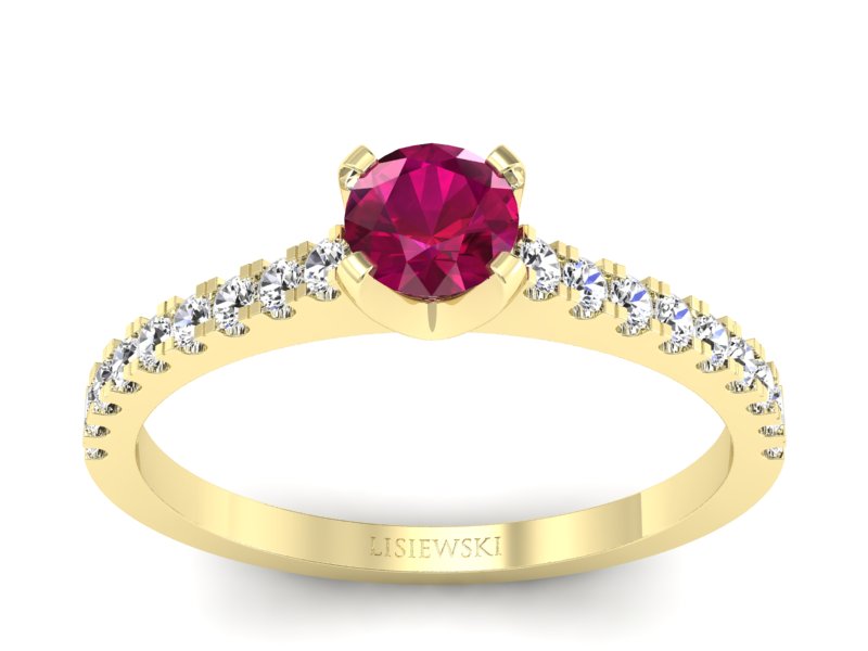 Pierścionek z rubinem i brylantami żółte złoto - p16309zr