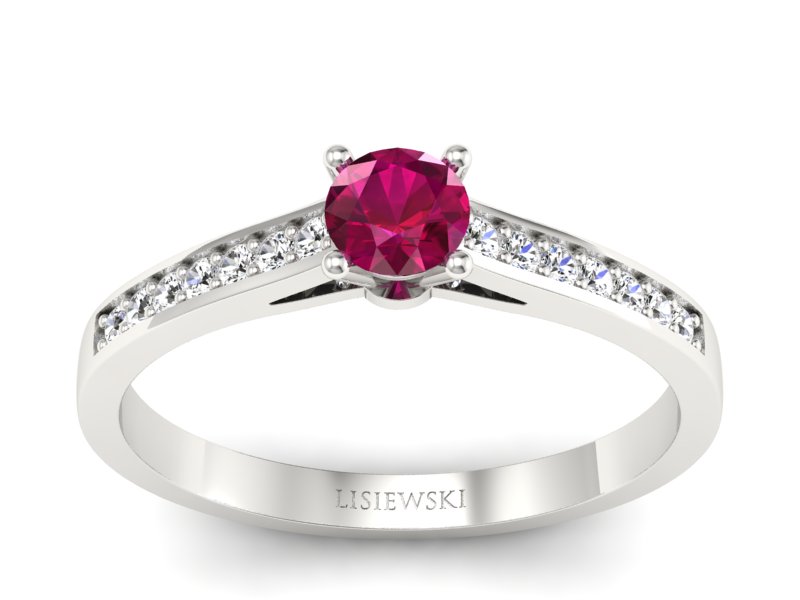 Pierścionek z rubinem i brylantami białe złoto - p16312br