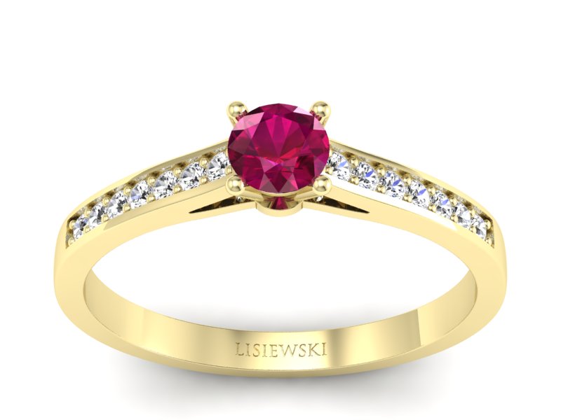 Pierścionek z rubinem i brylantami żółte złoto - p16312zr