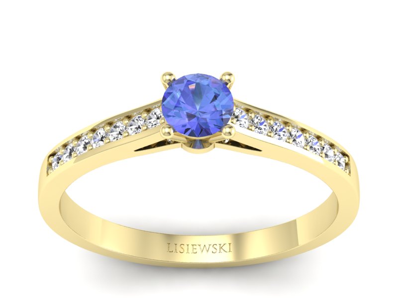 Pierścionek z tanzanitem i brylantami żółte złoto - p16312zt