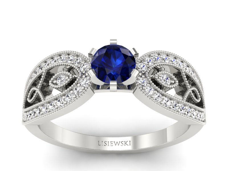 Pierścionek z szafirem i brylantami białe złoto - p16315bsz
