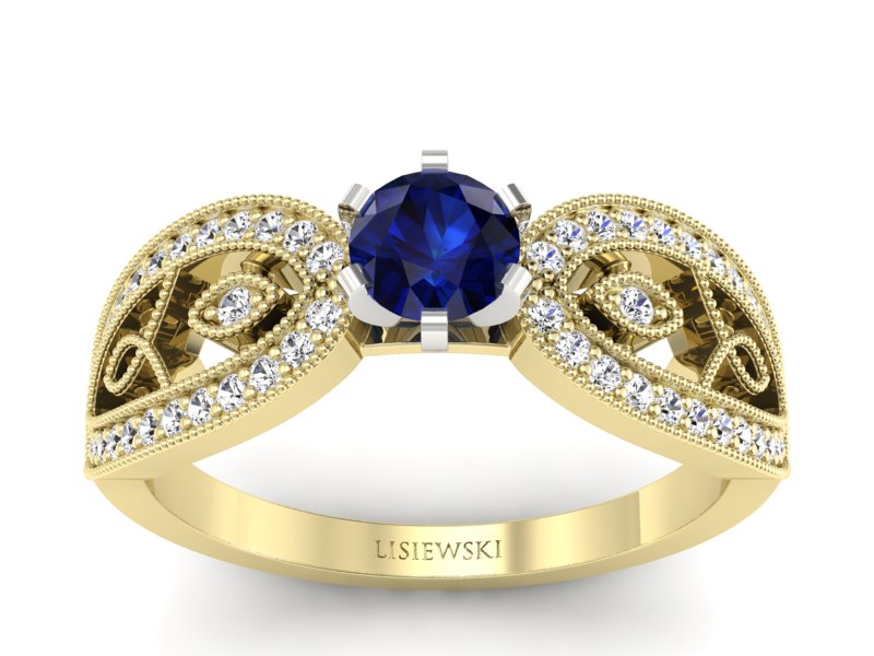 Złoty pierścionek z szafirem i brylantami - p16315zbsz