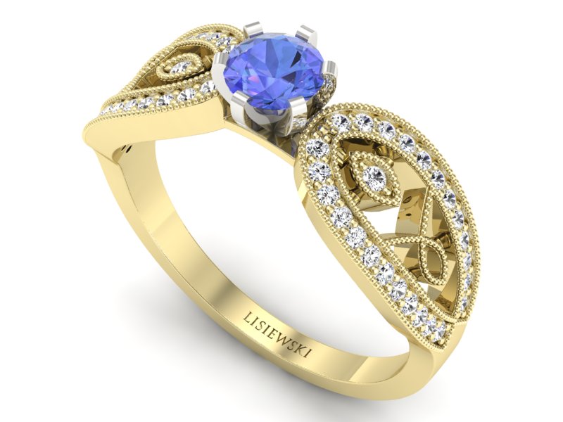 Złoty pierścionek z tanzanitem i brylantami - p16315zbt — zdjęcie 3