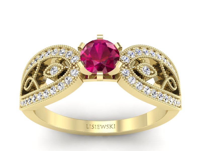 Złoty pierścionek z rubinem i brylantami - p16315zr