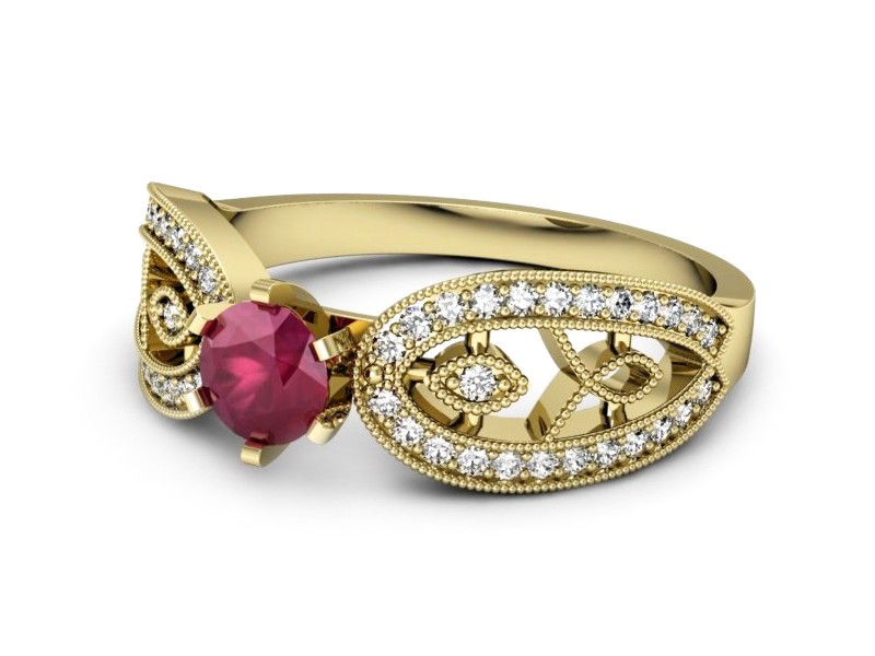 Złoty pierścionek z rubinem i brylantami - p16315zr — zdjęcie 5