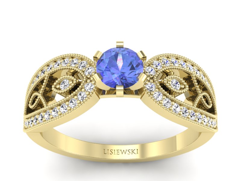 Pierścionek z tanzanitem i brylantami żółte złoto - p16315zt