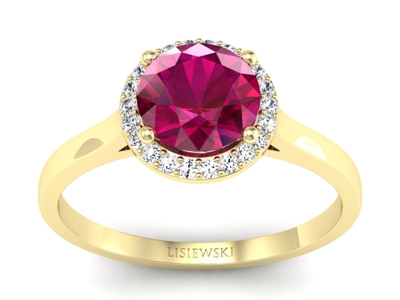 Pierścionek z rubinem i brylantami żółte złoto - p16320zr