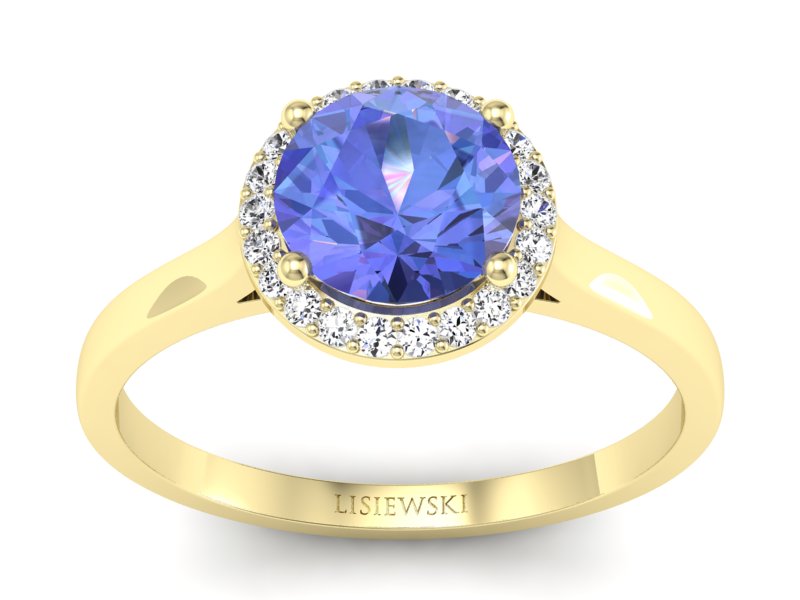 Pierścionek z tanzanitem i brylantami żółte złoto - p16320zt