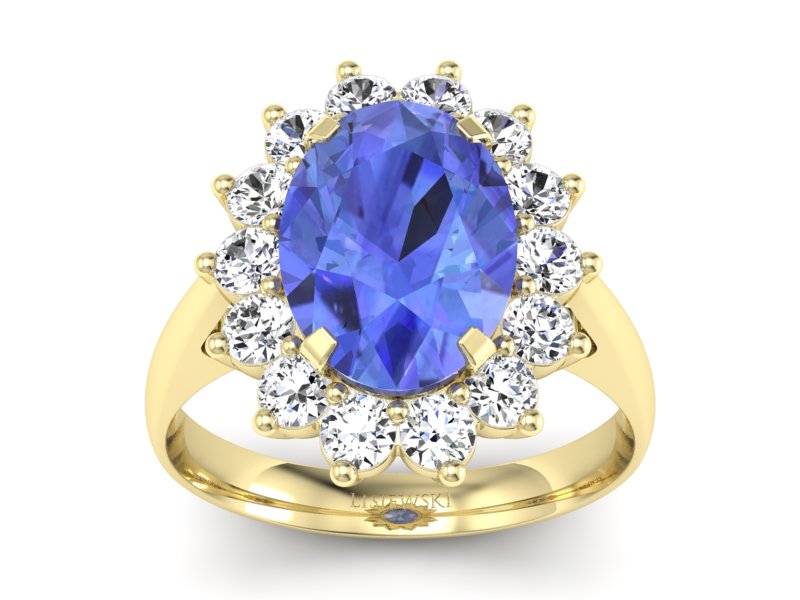 Pierścionek z tanzanitem i brylantami żółte złoto - p16327zt