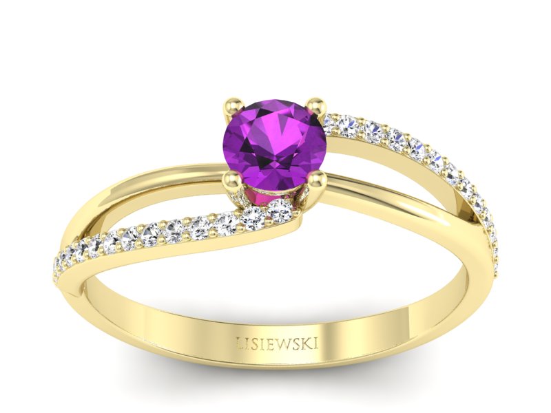 Pierścionek z ametystem i brylantami żółte złoto - p16333zat