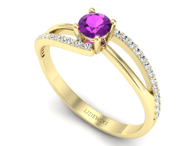 Pierścionek z ametystem i brylantami żółte złoto - p16333zat — zdjęcie 3