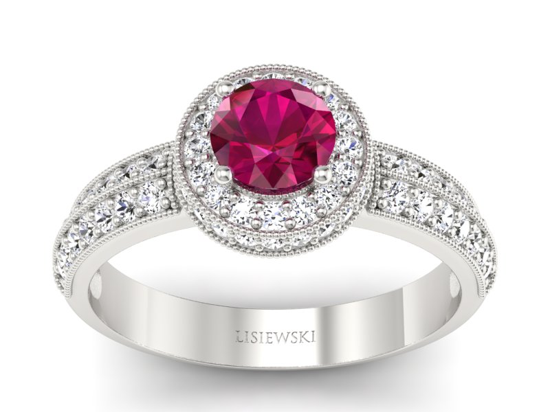 Pierścionek z rubinem i brylantami białe złoto - p16418br