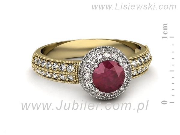 Pierścionek z rubinem i diamentami w żółtym i białym złocie - p16418zbr