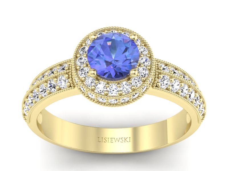 Pierścionek z tanzanitem i brylantami żółte złoto - p16418zt