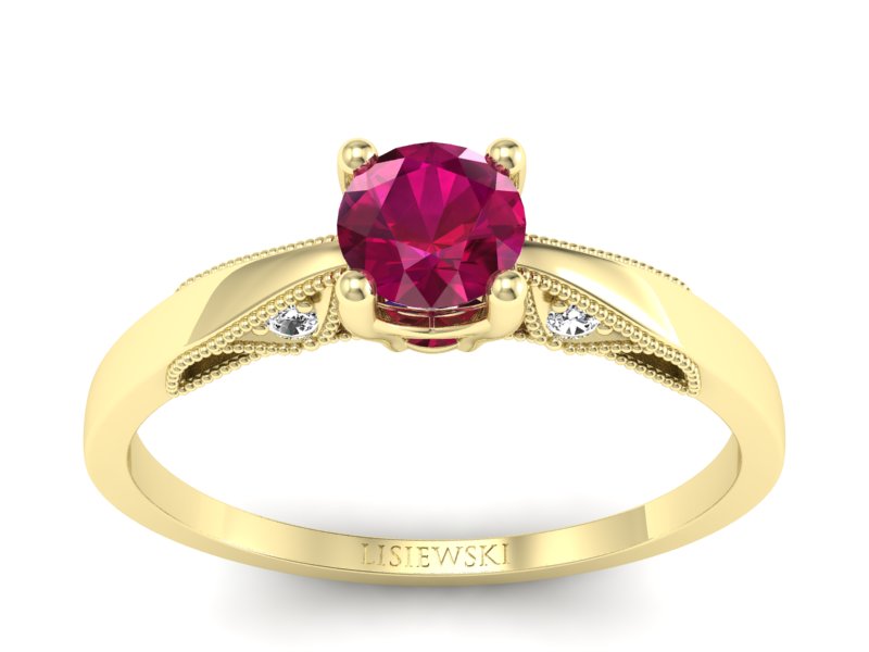 Pierścionek z rubinem i brylantami żółte złoto - p16435zr