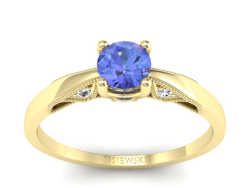 Pierścionek z tanzanitem i brylantami żółte złoto - p16435zt