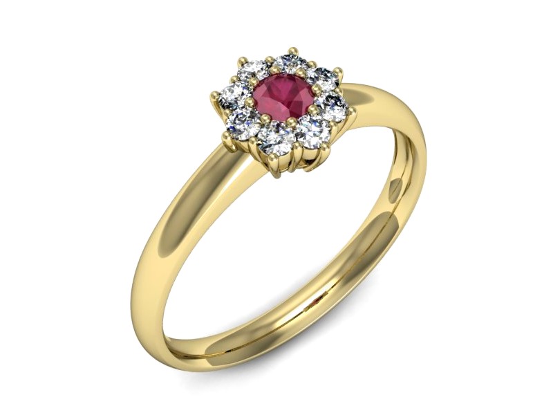 Pierścionek z rubinem i brylantami żółte złoto - p16458zr