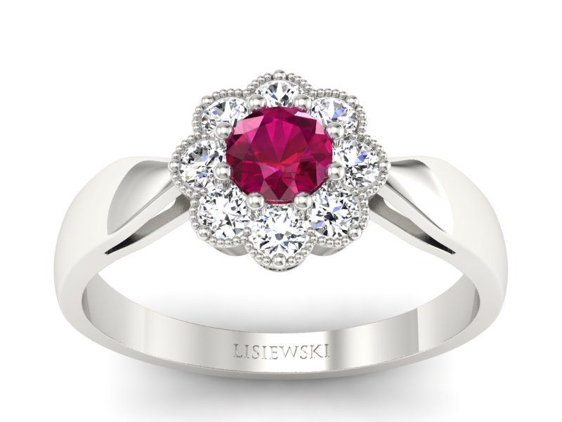 Pierścionek z rubinem i brylantami białe złoto - p16478br